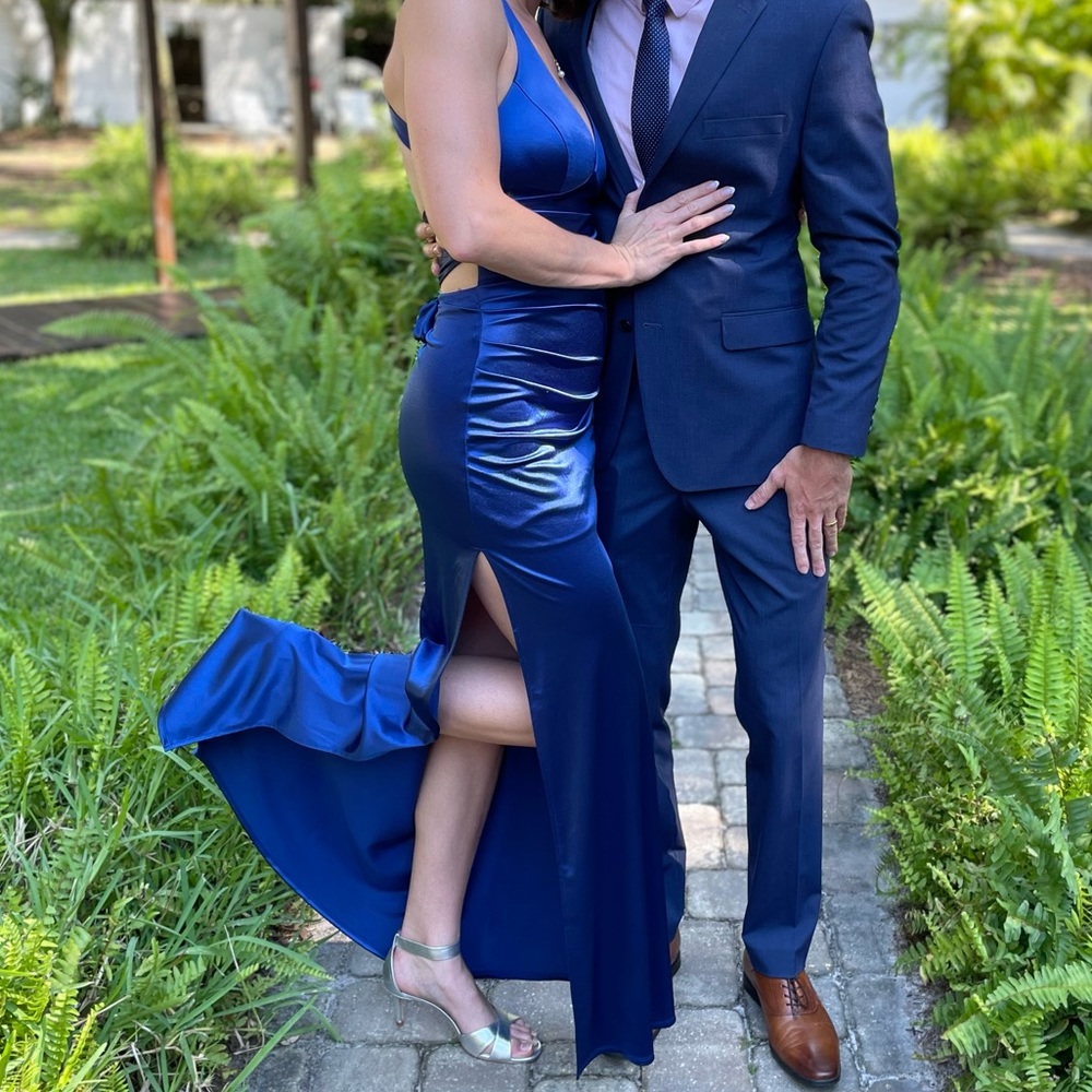 satin blue event dress. open back lace up